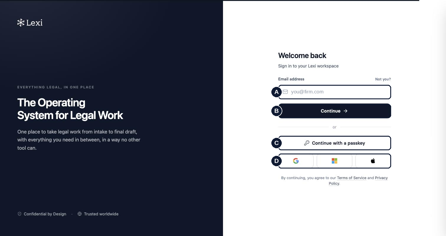 The Lexi sign-in screen, with the email field, Continue button, passkey option and provider buttons marked A to D